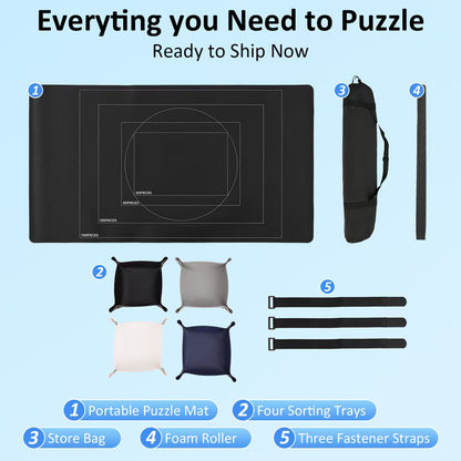 Adult Jigsaw Puzzle Mat Roll Up, Saver Pad 45" x 25" Portable Keeper Up to 1500 Pieces with Non-Slip Rubber Bottom and Polyester Top + 4 Puzzle Sorting Trays, Travel-Friendly Storage Bag