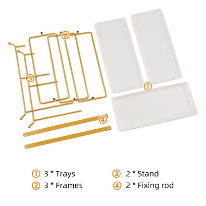 3 Tier Serving Trays for Party,12 Inch Porcelain White Tiered Tray Stand, Fruit Tray, Trays for Serving Food, White Dessert Stand with Collapsible Sturdier Gold Metal Rack