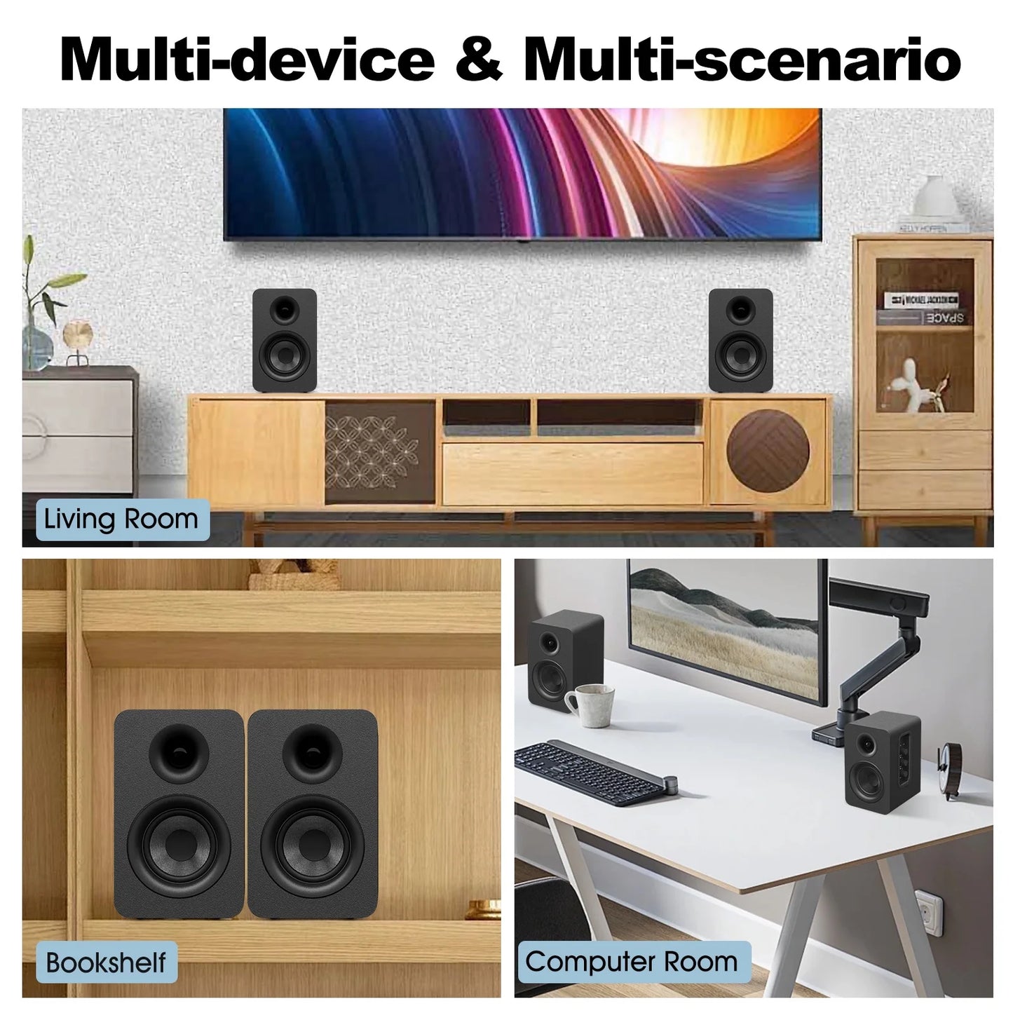 80W Active Bookshelf Speakers, Home Bluetooth 5.3 Wireless Speaker with 3 inch Woofer, Stereo Studio Monitor Speakers, Bass & Treble Adjust TV Speakers with USB/Optical/AUX Input for PC, Black