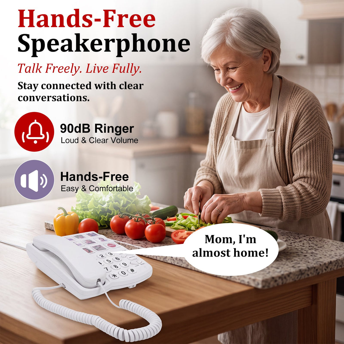 Big Button Phone for Seniors, Corded Landline Telephone w/ Handsfree Function and 9 Groups of Memory, One-Touch Dialling, 110dB Ringer, LED Flash, Suitable People with Vision Disorders/Hearing Damage