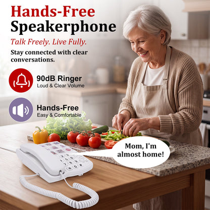 Big Button Phone for Seniors, Corded Landline Telephone w/ Handsfree Function and 9 Groups of Memory, One-Touch Dialling, 110dB Ringer, LED Flash, Suitable People with Vision Disorders/Hearing Damage