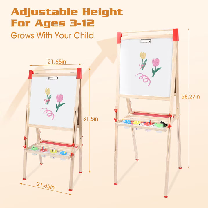 Wooden Art Easel, Adjustable Height Drawing Easel with Double Sided Whiteboard Chalkboard, Foldable Dry Erase Board with Accessories, Perfect Painting Gifts