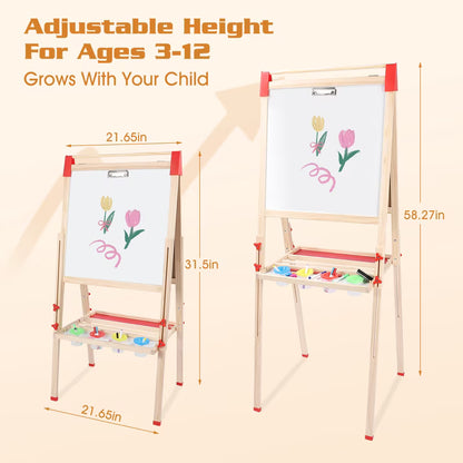Wooden Art Easel, Adjustable Height Drawing Easel with Double Sided Whiteboard Chalkboard, Foldable Dry Erase Board with Accessories, Perfect Painting Gifts