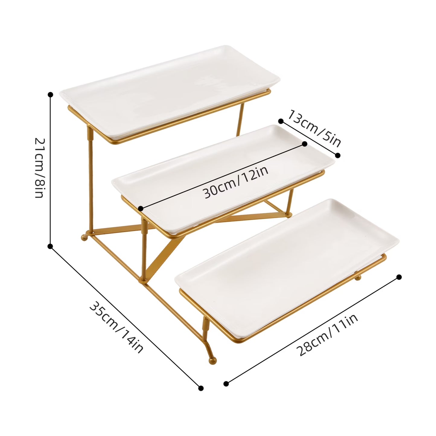 3 Tier Serving Trays for Party,12 Inch Porcelain White Tiered Tray Stand, Fruit Tray, Trays for Serving Food, White Dessert Stand with Collapsible Sturdier Gold Metal Rack