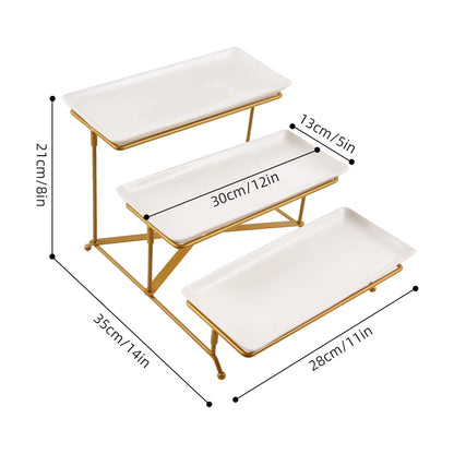 3 Tier Serving Trays for Party,12 Inch Porcelain White Tiered Tray Stand, Fruit Tray, Trays for Serving Food, White Dessert Stand with Collapsible Sturdier Gold Metal Rack