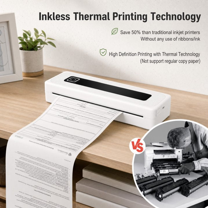 Bluetooth Thermal Printer, Portable Printer Wireless for Travel,Office&School, Includes Rolls Paper – Supports US Letter,A4 Thermal Paper, Inkless Printing, Compatible with iOS,Android & Laptops