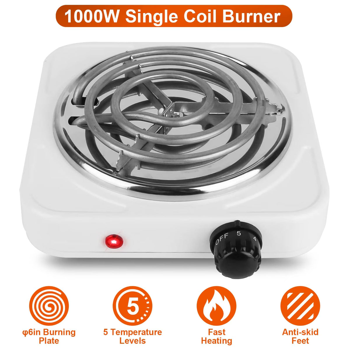 Electric Hot Plate for Cooking, 1000W Stainless Steel Electric Stove Burner with 5 Level Temperature Control, Portable Stove for Home Dorm Office Kitchen Camping Single Burner Electric Cooktop, White