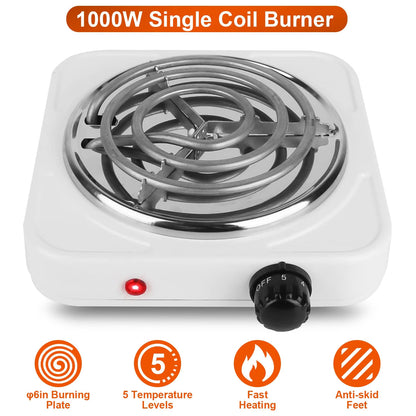 Electric Hot Plate for Cooking, 1000W Stainless Steel Electric Stove Burner with 5 Level Temperature Control, Portable Stove for Home Dorm Office Kitchen Camping Single Burner Electric Cooktop, White
