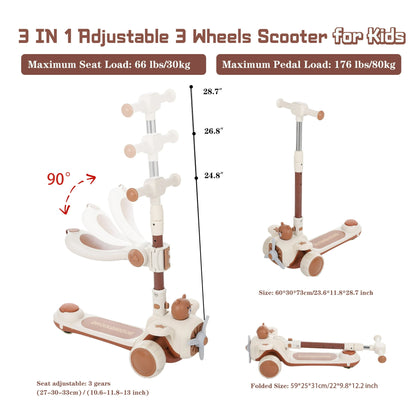 3-Wheeled Kids Scooter with Foldable Seat, Adjustable Handlebar & Push Bar, Light-up Wheels, Kick Scooter Sit or Stand Ride Kids Scooter with Brake for Boys Girls