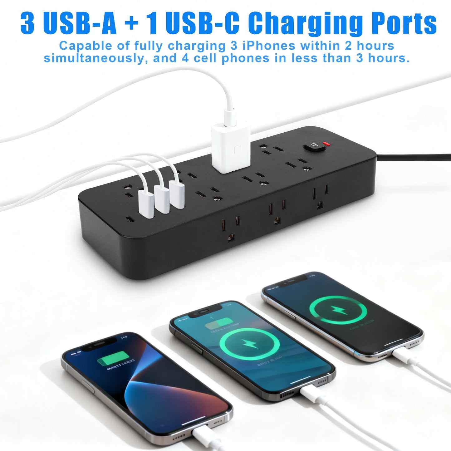 9.8ft Power Strip Surge Protector with 14 AC Outlets and 4 USB Ports for Home Office Dorm Essential, 1875W/15A Flat Plug Desktop Charging Station w/ Wall Mountable, Overload Protection, Black