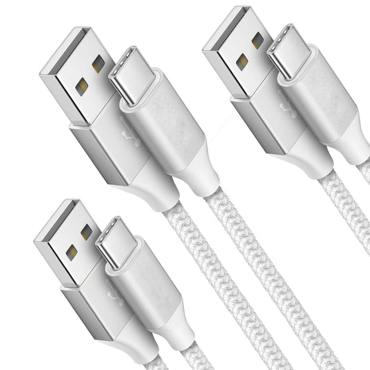 3 Pack USB Type C Charger Cable 10ft, USB A to USB C Fast Charging Cord Compatible with iPhone 16/16 Pro/15 Samsung, 3A USB C Nylon Braided Long Rapid Charger Cable for Android Phones/CarPlay, Silver