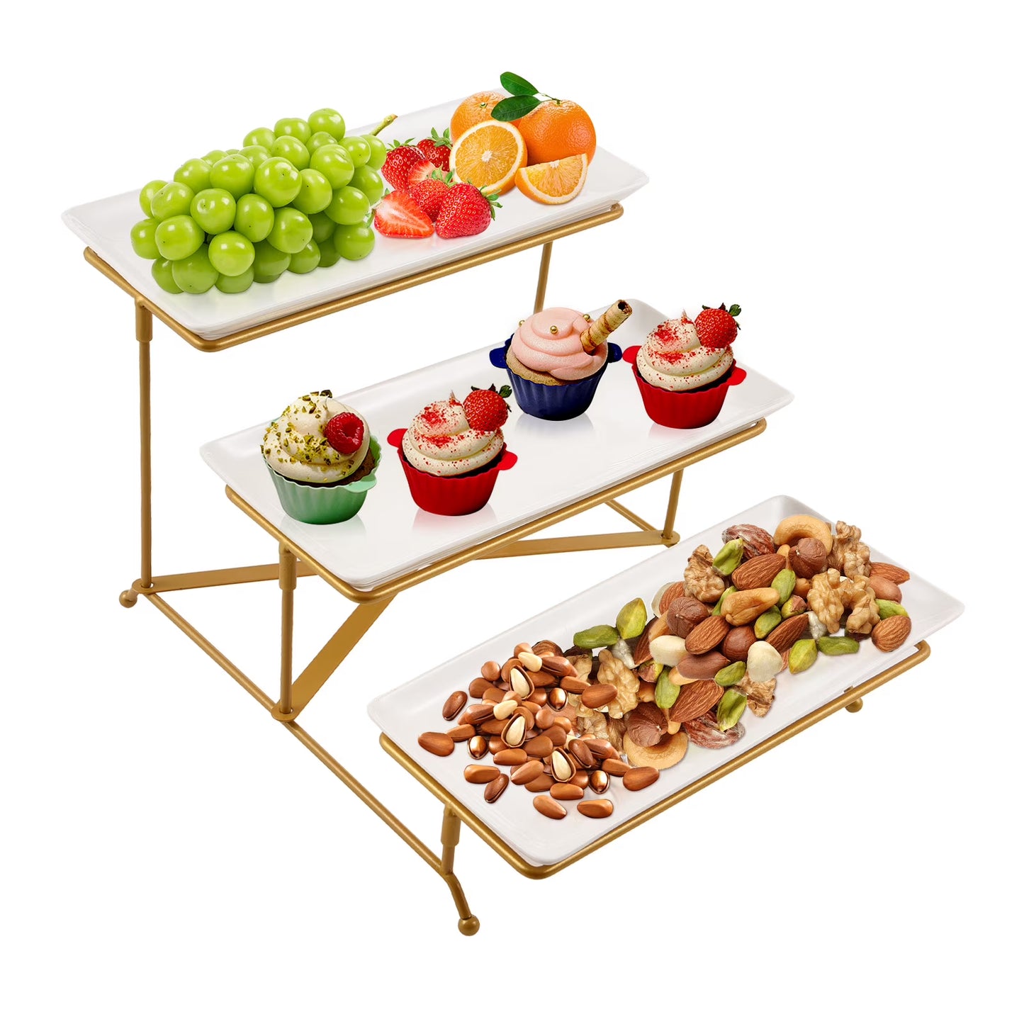 3 Tier Serving Trays for Party,12 Inch Porcelain White Tiered Tray Stand, Fruit Tray, Trays for Serving Food, White Dessert Stand with Collapsible Sturdier Gold Metal Rack