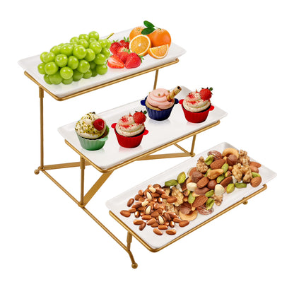 3 Tier Serving Trays for Party,12 Inch Porcelain White Tiered Tray Stand, Fruit Tray, Trays for Serving Food, White Dessert Stand with Collapsible Sturdier Gold Metal Rack