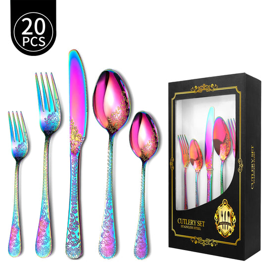 LHCER 20PCS Rainbow Silverware Set, Stainless Steel Titanium Rainbow Plating Flatware Sets,Spoons Forks Cutlery Set Service for 4