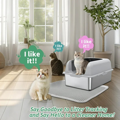 ZAQW Large Stainless Steel Cat Litter Box, Scoop, and Mat Set - Odor, Stain, and Rust Resistant w/ Easy Cleaning Tray