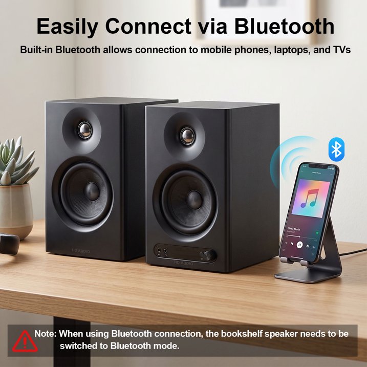 80W Powered Bookshelf Speakers, Bluetooth 5.3 Active Computer Speakers with 1" Silk Dome Tweeters & 4" Woofers, ARC/AUX/Optical/USB, Adjustable Bass & Treble, Wood Finish for TV PC Gaming Turntable