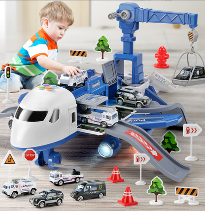 Kids Airplane Parking Lot Toys Track Car Toys for 3 4 5 6 7 Boys Girls, Music and Sound Transport Plane with 4 Alloy Pull Back Police Cars, Toy Tower Crane, Birthday Gift for Toddler Age 2-6