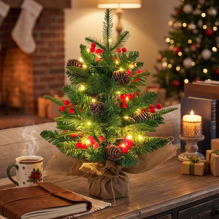 Mini Christmas Tree with LED Lights, 18 inch Small Xmas Tree with Red Berries & Pinecone, Easy Setup Table Decorations for Home, Office, Dining Table and Indoor Festive Displays