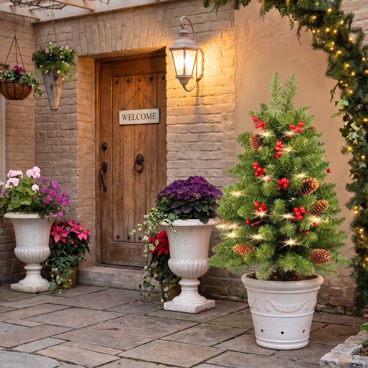 2 Pack 30 inch Prelit Outdoor Christmas Tree, Small Pre-Decorated Green Xmas Tree with Cones & Red Berries, 30 Warm Lights, Urn Filler Holiday Decor for Entrance Driveway, Yard, Garden