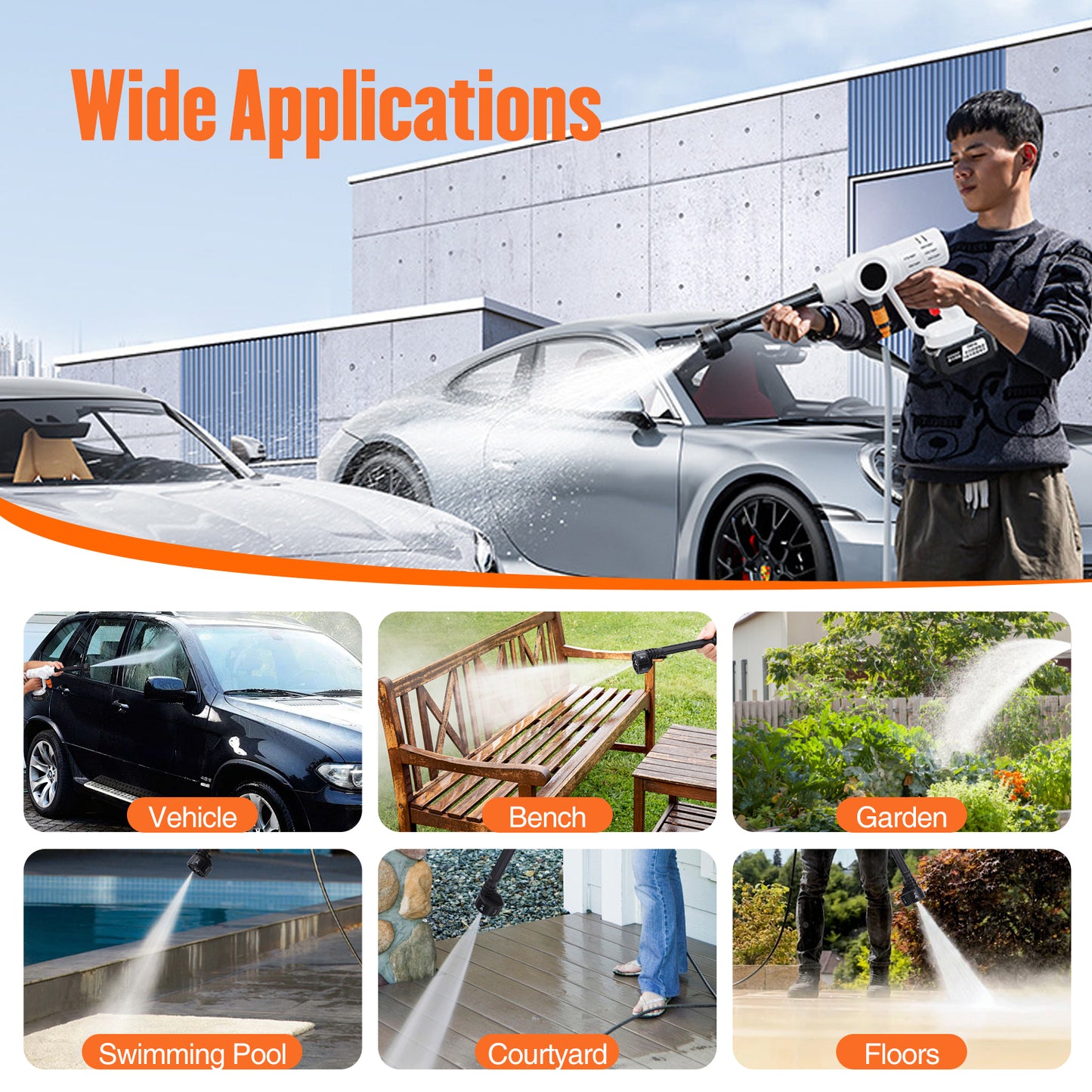950PSI Cordless Pressure Washer, 1.5 GPM Portable Power Washer with 6-in-1 Adjustable Nozzle, 2 Battery, Power Cleaner with 32.8ft Hose for Cars, Patios, Driveways