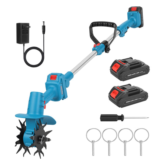 20V Cordless Tiller Cultivator, 280RPM Electric Garden Tiller with 2 x 2000mAh Battery, 9 inch Tilling Width, 6.69 inch Depth Rototiller for Gardening, Weeding, Soil Cultivation