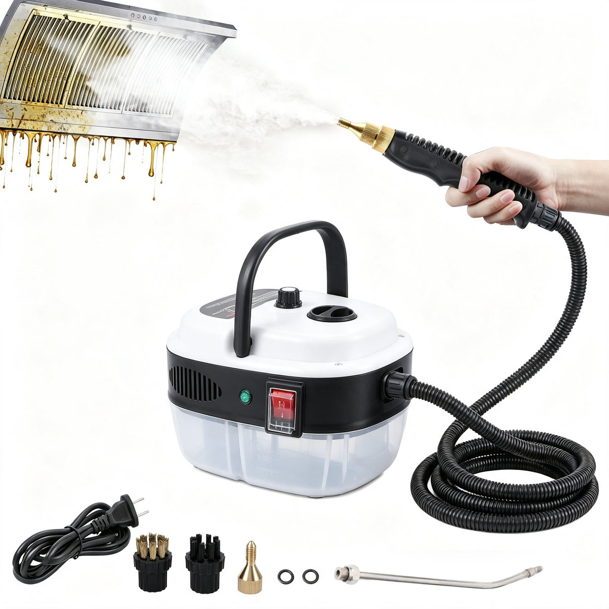 Steam Cleaner, Portable 2500W Steamer for Cleaning with 3pcs Brush Accessories, 6-Level Adjustable and 10s Heat-Up, Handheld Steam Cleaner for Home, Tile, Dirt, Grout, Grease, Car Detailing,White