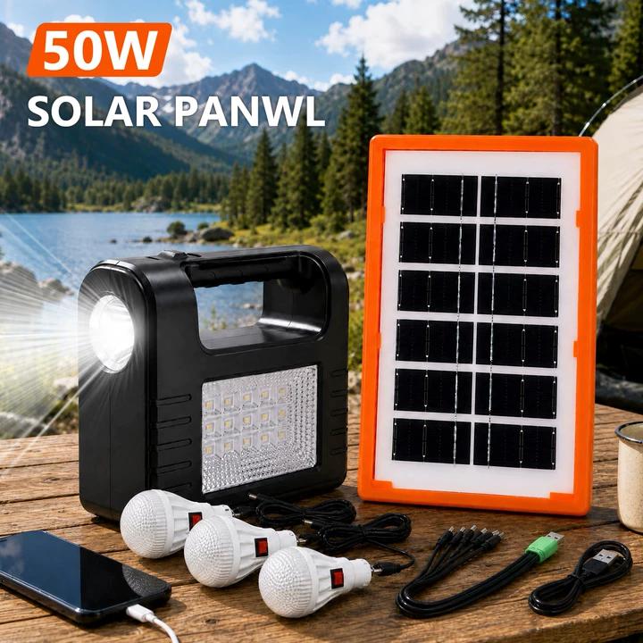Portable Solar Power Station 12000mAh, 50W Solar Panel, Built-in Flashlight & Camping Lamp, USB Backup Power Supply for Home Emergency Camping Outdoor