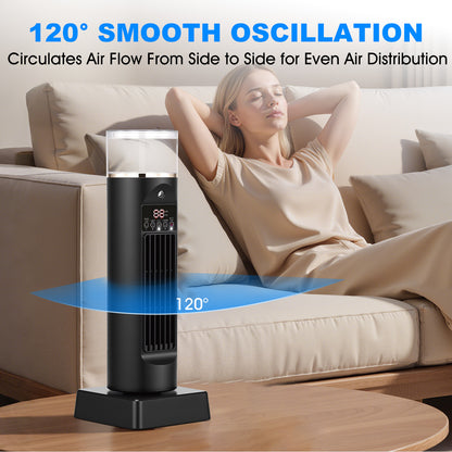 Tower Fan Oscillating Fan, 13.6" 6 Speeds Portable Standing Desk Fan with Humidifying Mist,Timer, LED Light,Remote Control and 2 Ice Bags
