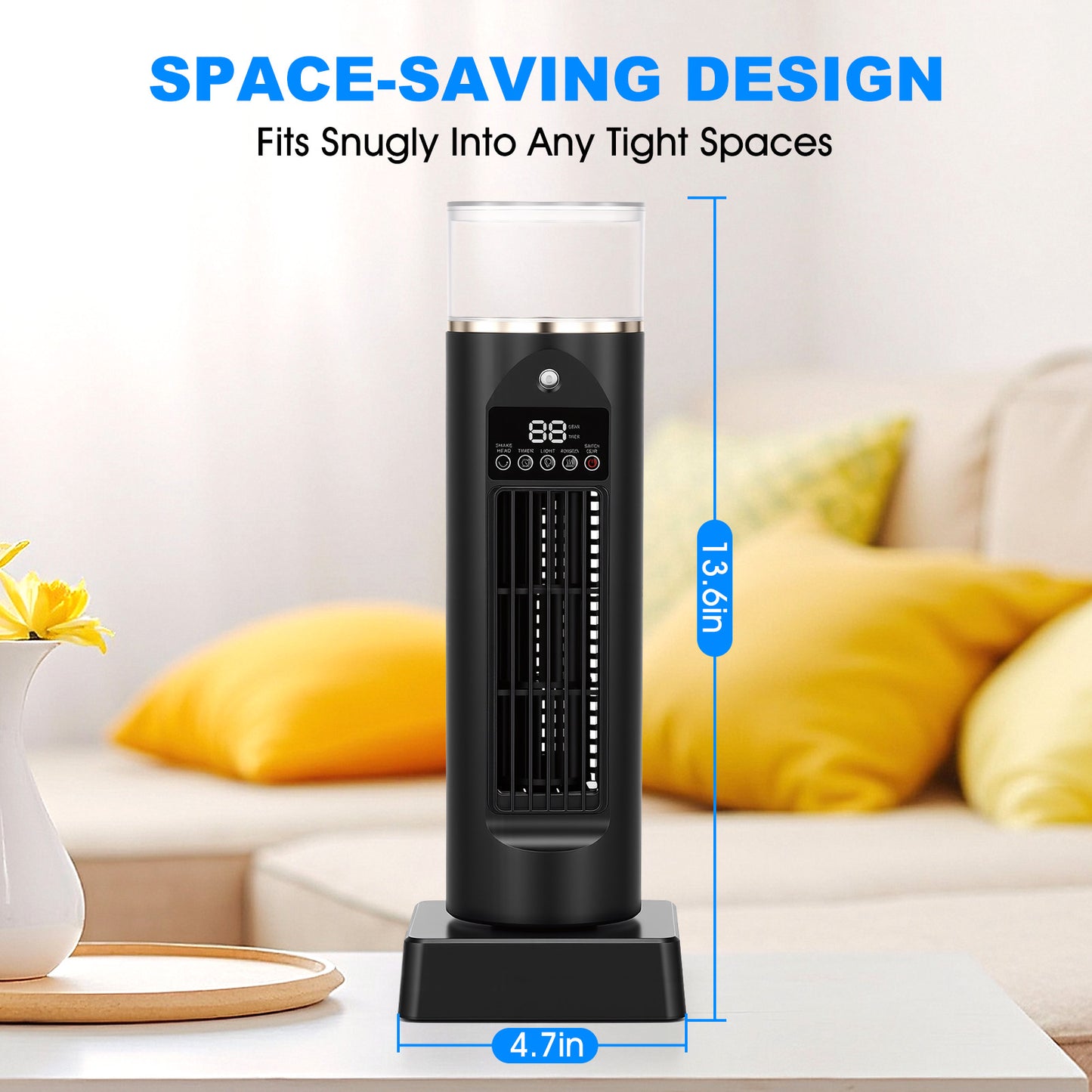 Tower Fan Oscillating Fan, 13.6" 6 Speeds Portable Standing Desk Fan with Humidifying Mist,Timer, LED Light,Remote Control and 2 Ice Bags