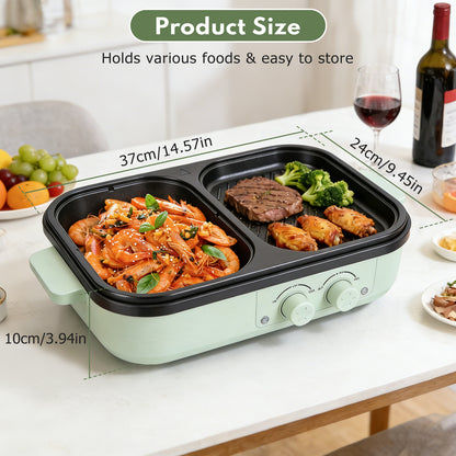 2 In 1 Electric Hot Pot with Separate Grill Side, Dual Independent Temperature Shabu Shabu Pot, Ideal Gift for Family Party Indoor Barbecue