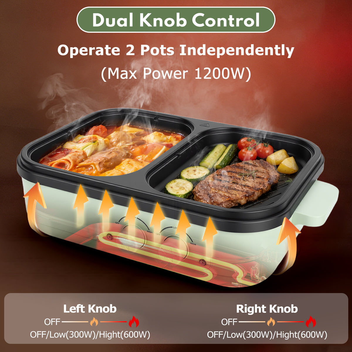2 In 1 Electric Hot Pot with Separate Grill Side, Dual Independent Temperature Shabu Shabu Pot, Ideal Gift for Family Party Indoor Barbecue