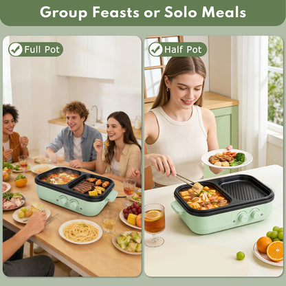 2 In 1 Electric Hot Pot with Separate Grill Side, Dual Independent Temperature Shabu Shabu Pot, Ideal Gift for Family Party Indoor Barbecue