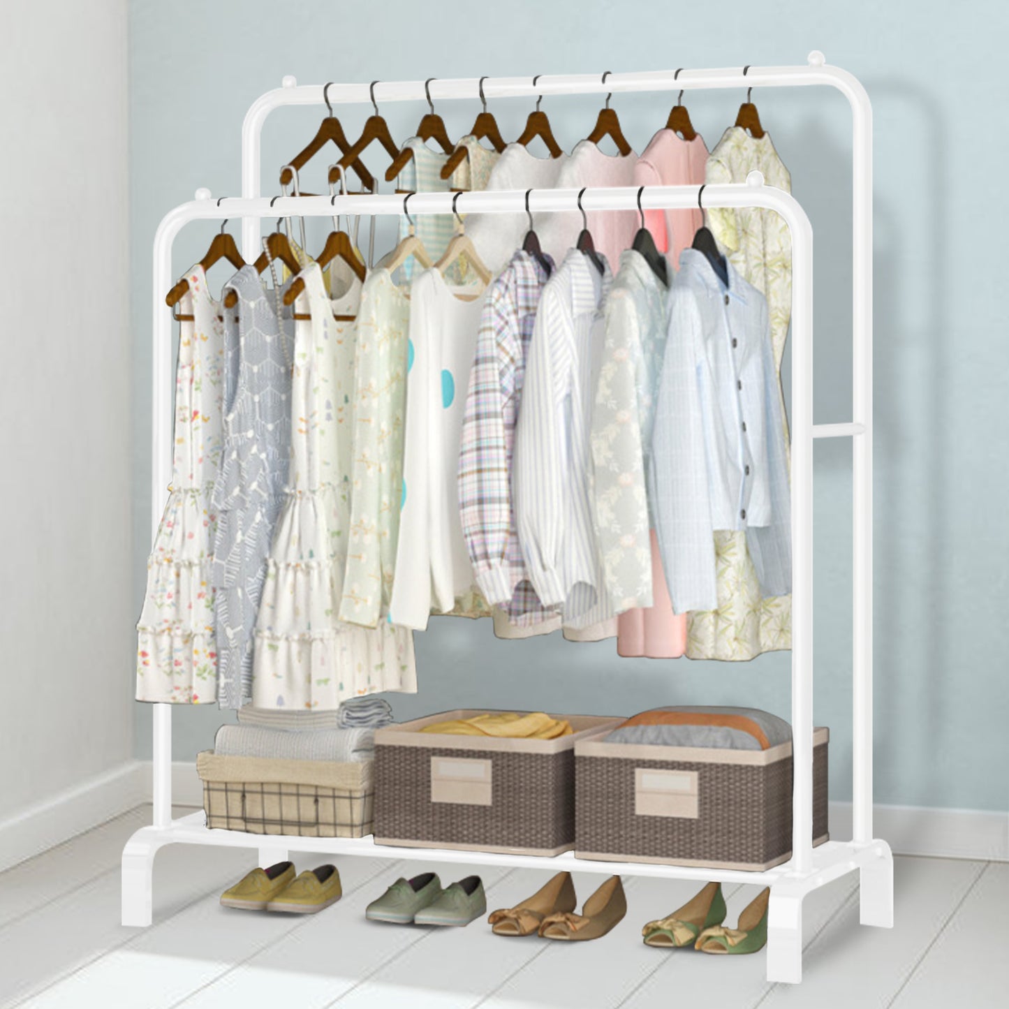 Clothing Garment Rack,Double Rails Closet Clothes Rack with Bottom Shelves and 4 Hooks,Freestanding Clothes Organizer Rack for Hanging Clothes White