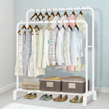 Clothing Garment Rack,Double Rails Closet Clothes Rack with Bottom Shelves and 4 Hooks,Freestanding Clothes Organizer Rack for Hanging Clothes White