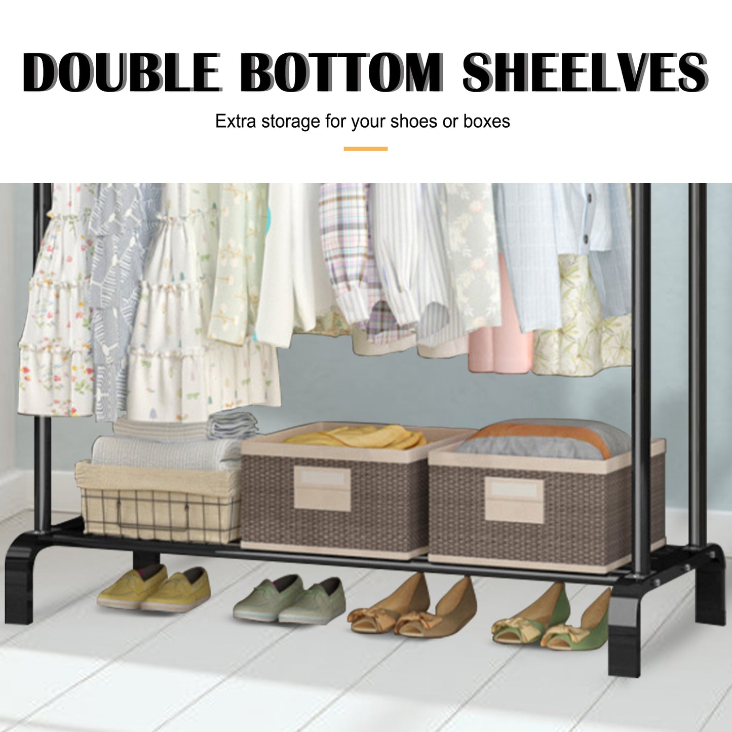 Clothing Garment Rack,Double Rails Closet Clothes Rack with Bottom Shelves and 4 Hooks,Freestanding Clothes Organizer Rack for Hanging Clothes Black