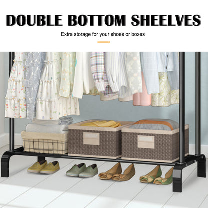 Clothing Garment Rack,Double Rails Closet Clothes Rack with Bottom Shelves and 4 Hooks,Freestanding Clothes Organizer Rack for Hanging Clothes Black