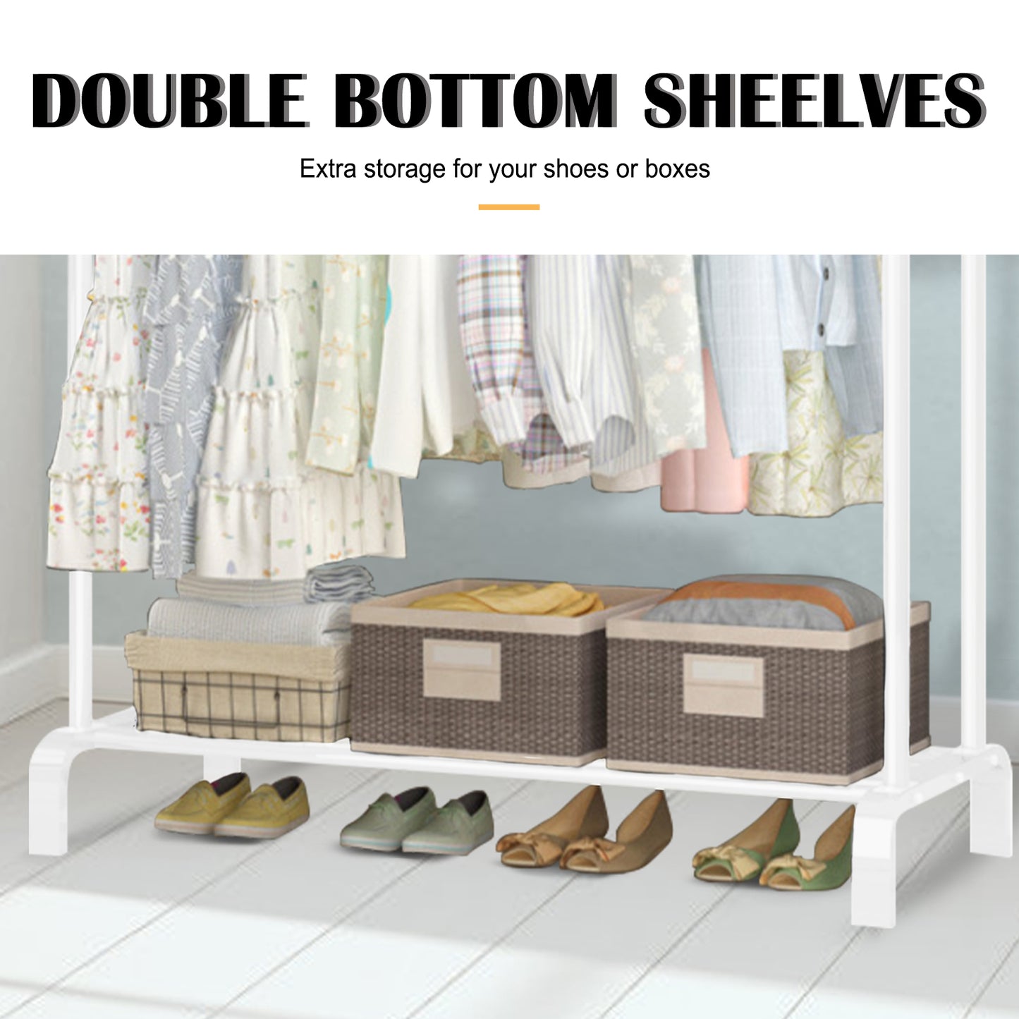 Clothing Garment Rack,Double Rails Closet Clothes Rack with Bottom Shelves and 4 Hooks,Freestanding Clothes Organizer Rack for Hanging Clothes White