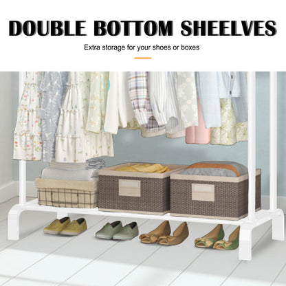 Clothing Garment Rack,Double Rails Closet Clothes Rack with Bottom Shelves and 4 Hooks,Freestanding Clothes Organizer Rack for Hanging Clothes White