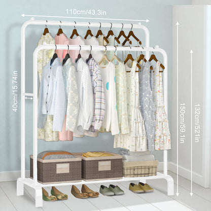 Clothing Garment Rack,Double Rails Closet Clothes Rack with Bottom Shelves and 4 Hooks,Freestanding Clothes Organizer Rack for Hanging Clothes White