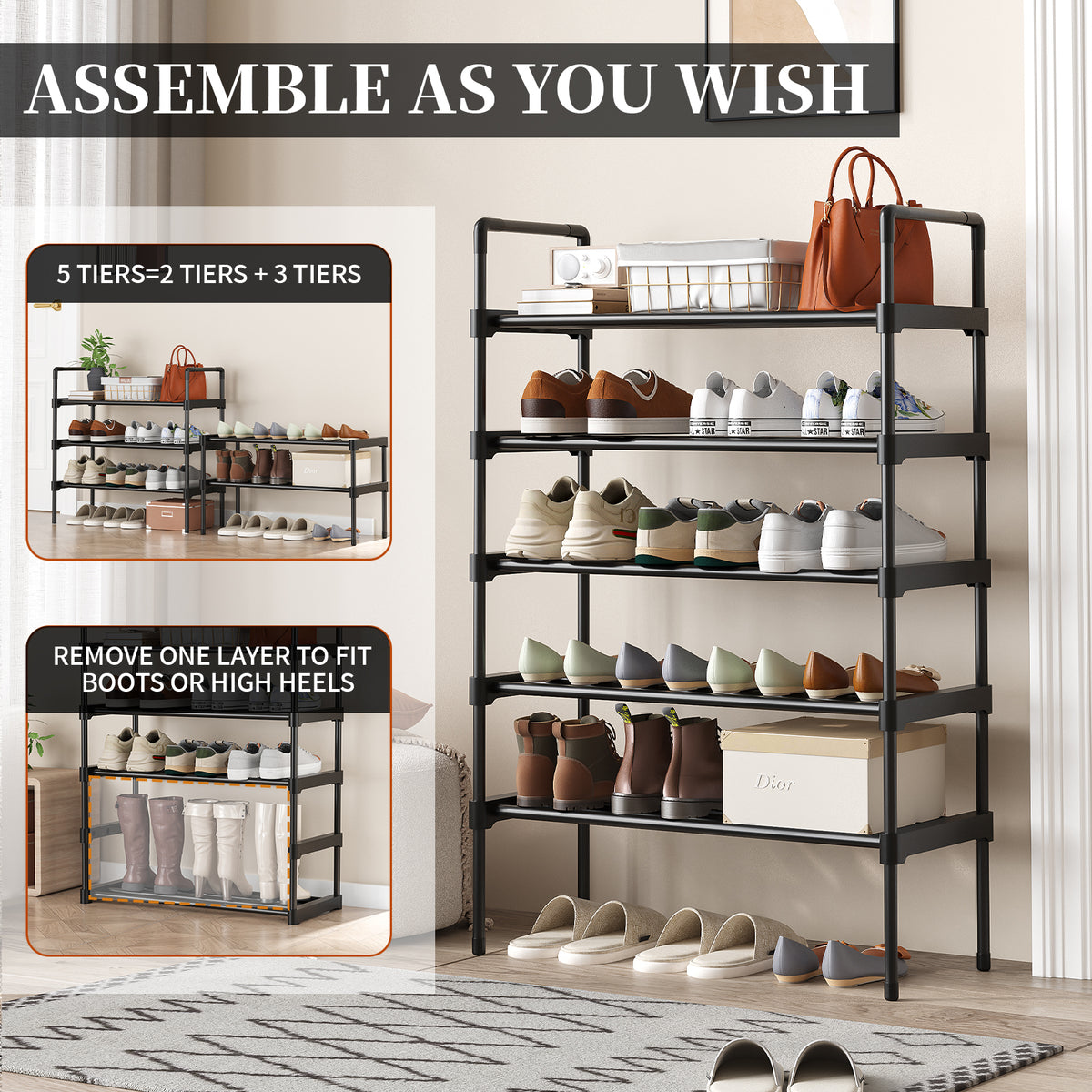 5 Tiers Shoe Rack, Stackable Shoe Organizer Storage for Shoe and Boot, Shoe Shelf for Closet, Entryway, Dorm, Garage,Black