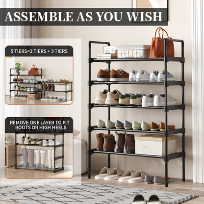 5 Tiers Shoe Rack, Stackable Shoe Organizer Storage for Shoe and Boot, Shoe Shelf for Closet, Entryway, Dorm, Garage,Black