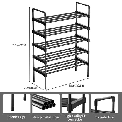 5 Tiers Shoe Rack, Stackable Shoe Organizer Storage for Shoe and Boot, Shoe Shelf for Closet, Entryway, Dorm, Garage,Black