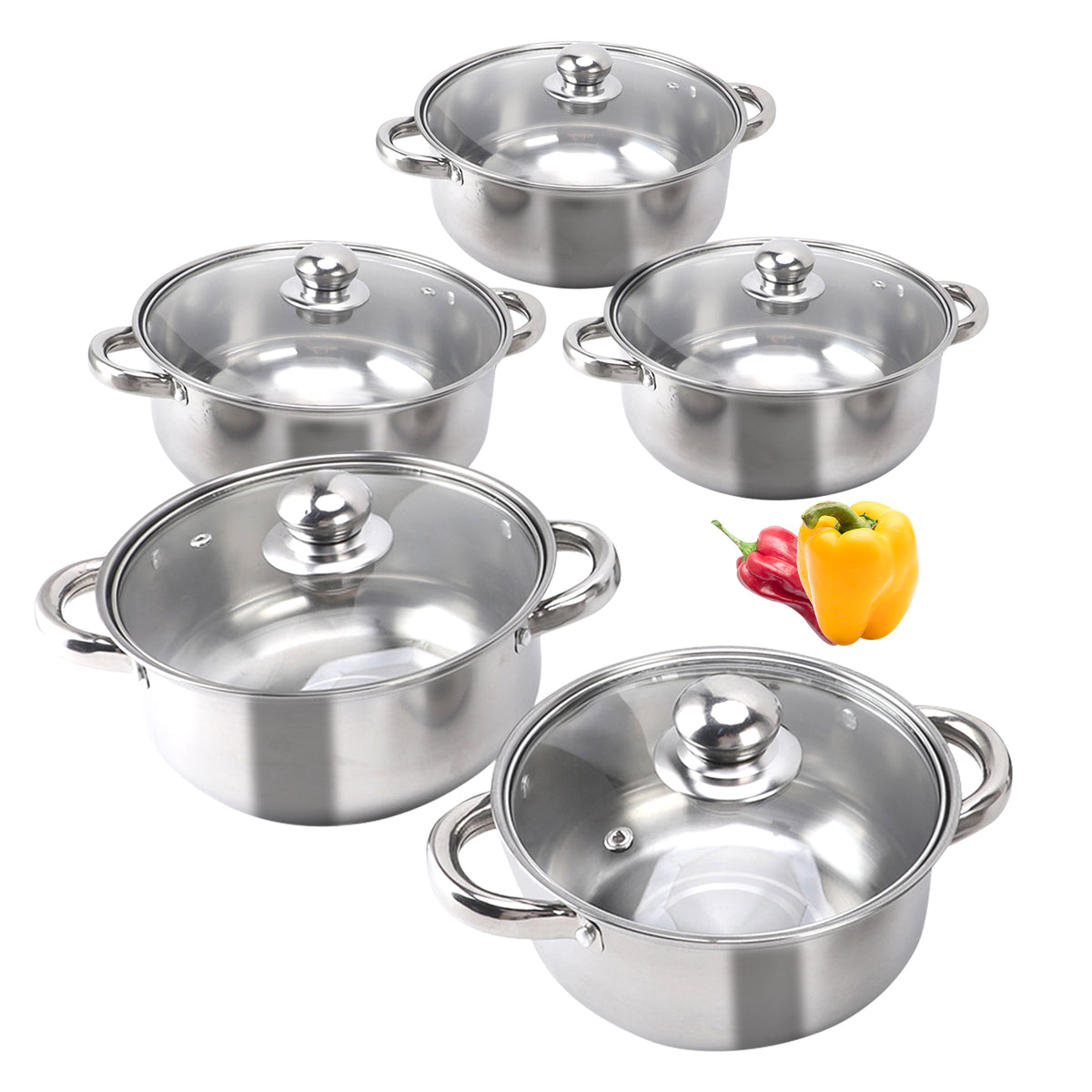 10pcs Stainless Steel Pots Kitchen Cookware Set Saucepan with Glass Lid Stockpot Soup Pot with 2 Ear Handle for Cooking Dishwasher Safe