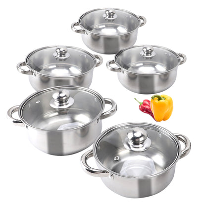 10pcs Stainless Steel Pots Kitchen Cookware Set Saucepan with Glass Lid Stockpot Soup Pot with 2 Ear Handle for Cooking Dishwasher Safe