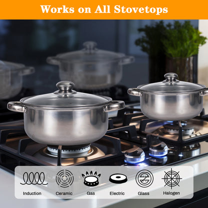 10pcs Stainless Steel Pots Kitchen Cookware Set Saucepan with Glass Lid Stockpot Soup Pot with 2 Ear Handle for Cooking Dishwasher Safe