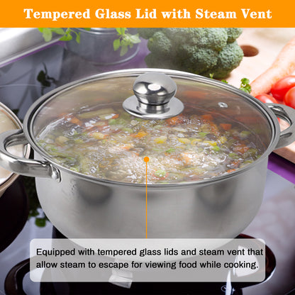 10pcs Stainless Steel Pots Kitchen Cookware Set Saucepan with Glass Lid Stockpot Soup Pot with 2 Ear Handle for Cooking Dishwasher Safe