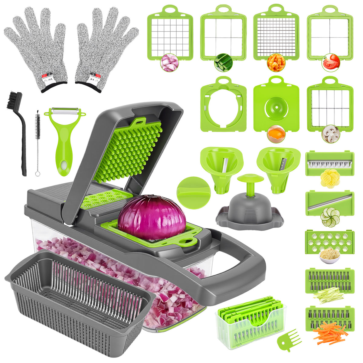 Vegetable Chopper, 26-in-1 Multifunctional Food Chopper, Kitchen Vegetable Dicer Cutter,Veggie Chopper With 10 Blades,Carrot Chopper With Container,Green