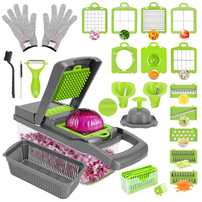 Vegetable Chopper, 26-in-1 Multifunctional Food Chopper, Kitchen Vegetable Dicer Cutter,Veggie Chopper With 10 Blades,Carrot Chopper With Container,Green