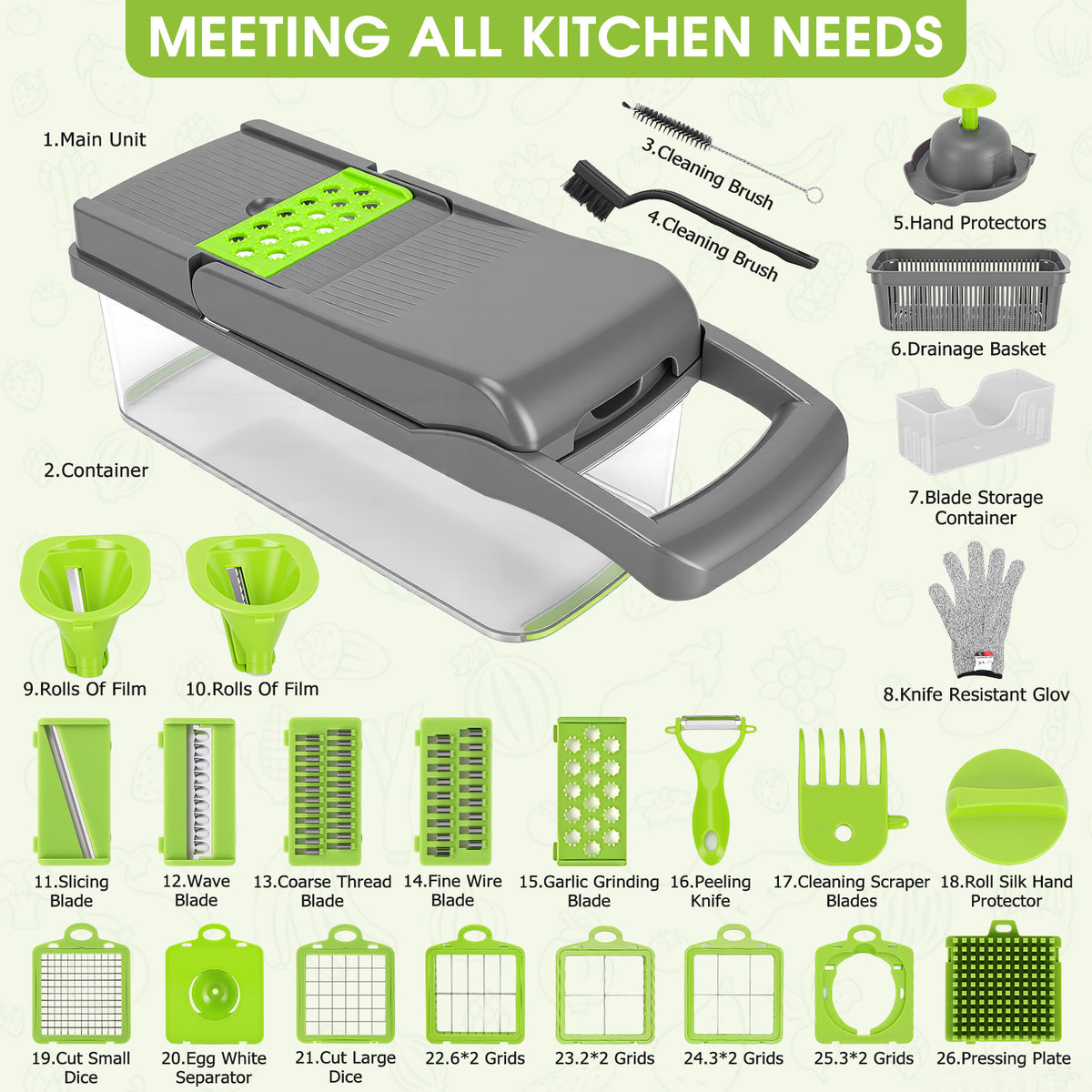 Vegetable Chopper, 26-in-1 Multifunctional Food Chopper, Kitchen Vegetable Dicer Cutter,Veggie Chopper With 10 Blades,Carrot Chopper With Container,Green