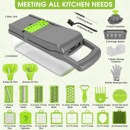 Vegetable Chopper, 26-in-1 Multifunctional Food Chopper, Kitchen Vegetable Dicer Cutter,Veggie Chopper With 10 Blades,Carrot Chopper With Container,Green